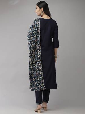 Indo Era Navy Blue Solid Straight Kurta Trouser With Dupatta Set 2