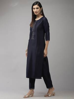 Indo Era Navy Blue Solid Straight Kurta Trouser With Dupatta Set 3