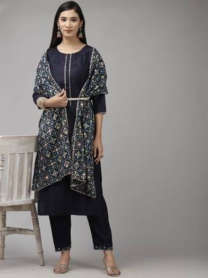 Indo Era Navy Blue Solid Straight Kurta Trouser With Dupatta Set 4
