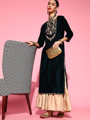 Indo Era Teal Embroidered Straight Kurta Sharara Set 1