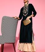 Indo Era Teal Embroidered Straight Kurta Sharara Set