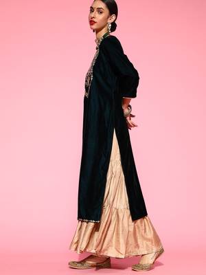 Indo Era Teal Embroidered Straight Kurta Sharara Set 3