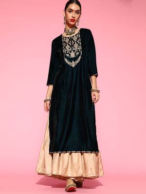 Indo Era Teal Embroidered Straight Kurta Sharara Set 4