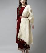 Indo Era Maroon Velvet Straight Kurta Palazzo With Dupatta and Belt Set