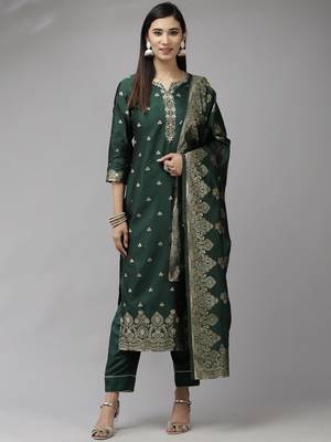 Indo Era Green Woven Straight Kurta Trouser With Dupatta Set 1