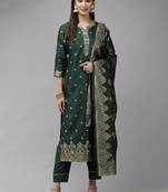 Indo Era Green Woven Straight Kurta Trouser With Dupatta Set