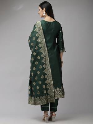 Indo Era Green Woven Straight Kurta Trouser With Dupatta Set 2