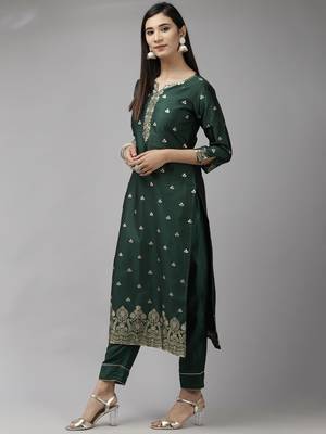 Indo Era Green Woven Straight Kurta Trouser With Dupatta Set 3
