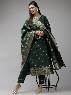 Indo Era Green Woven Straight Kurta Trouser With Dupatta Set 4