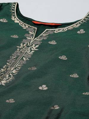 Indo Era Green Woven Straight Kurta Trouser With Dupatta Set 5