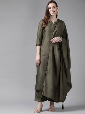 Indo Era Green Solid Straight Kurta Palazzo With Duapatta Set 1