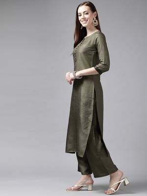 Indo Era Green Solid Straight Kurta Palazzo With Duapatta Set 3