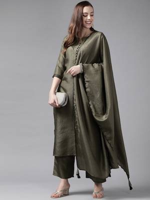 Indo Era Green Solid Straight Kurta Palazzo With Duapatta Set 4