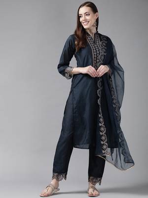 Indo Era Navy Blue Embroidered Straight Kurta Trouser With Dupatta Set 1