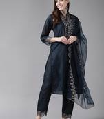 Indo Era Navy Blue Embroidered Straight Kurta Trouser With Dupatta Set
