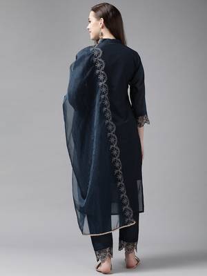 Indo Era Navy Blue Embroidered Straight Kurta Trouser With Dupatta Set 2