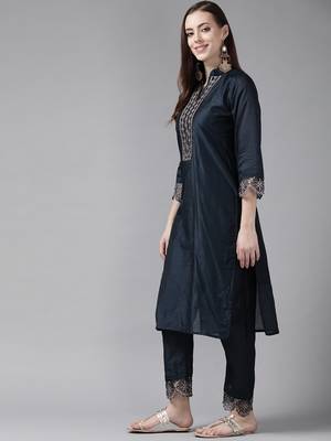 Indo Era Navy Blue Embroidered Straight Kurta Trouser With Dupatta Set 3