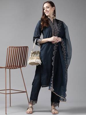 Indo Era Navy Blue Embroidered Straight Kurta Trouser With Dupatta Set 4