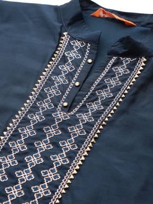 Indo Era Navy Blue Embroidered Straight Kurta Trouser With Dupatta Set 5