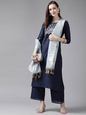 Indo Era Navy Blue Embroidered Straight Kurta Palazzo With Dupatta Set 1