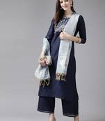 Indo Era Navy Blue Embroidered Straight Kurta Palazzo With Dupatta Set