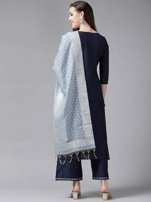 Indo Era Navy Blue Embroidered Straight Kurta Palazzo With Dupatta Set 2