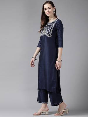 Indo Era Navy Blue Embroidered Straight Kurta Palazzo With Dupatta Set 3