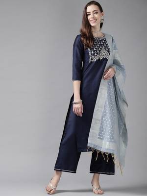 Indo Era Navy Blue Embroidered Straight Kurta Palazzo With Dupatta Set 4