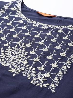 Indo Era Navy Blue Embroidered Straight Kurta Palazzo With Dupatta Set 5