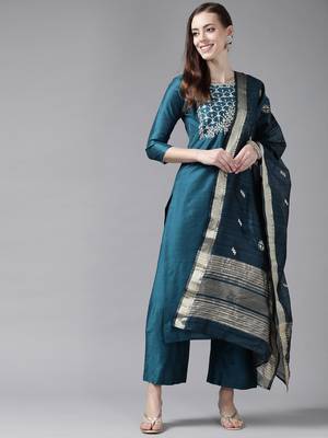 Indo Era Teal Embroidered Straight Kurta Palazzo With Duapatta Set 1