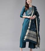 Indo Era Teal Embroidered Straight Kurta Palazzo With Duapatta Set