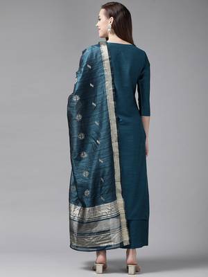Indo Era Teal Embroidered Straight Kurta Palazzo With Duapatta Set 2
