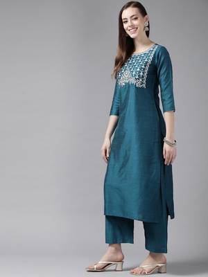 Indo Era Teal Embroidered Straight Kurta Palazzo With Duapatta Set 3