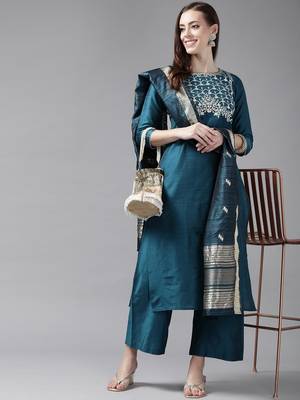 Indo Era Teal Embroidered Straight Kurta Palazzo With Duapatta Set 4