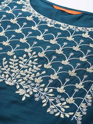Indo Era Teal Embroidered Straight Kurta Palazzo With Duapatta Set 5