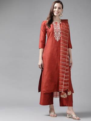Indo Era Orange Embroidered Straight Kurta Palazzo With Dupatta Set 1