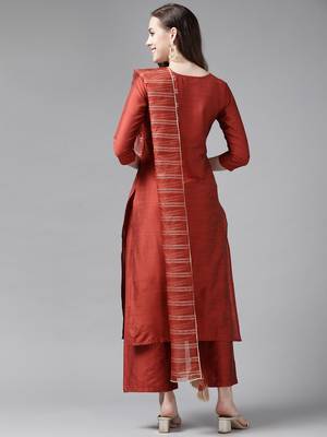 Indo Era Orange Embroidered Straight Kurta Palazzo With Dupatta Set 2