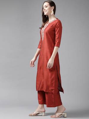 Indo Era Orange Embroidered Straight Kurta Palazzo With Dupatta Set 3