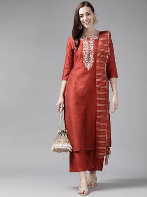 Indo Era Orange Embroidered Straight Kurta Palazzo With Dupatta Set 4