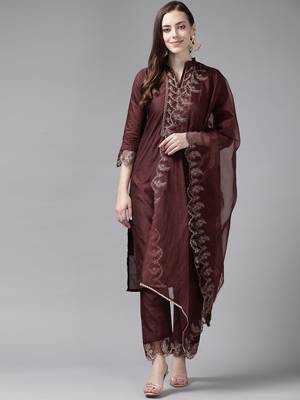 Indo Era Wine Blue Embroidered Straight Kurta Trouser With Dupatta Set 1