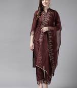 Indo Era Wine Blue Embroidered Straight Kurta Trouser With Dupatta Set