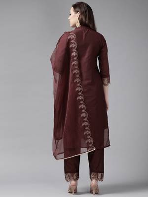 Indo Era Wine Blue Embroidered Straight Kurta Trouser With Dupatta Set 2