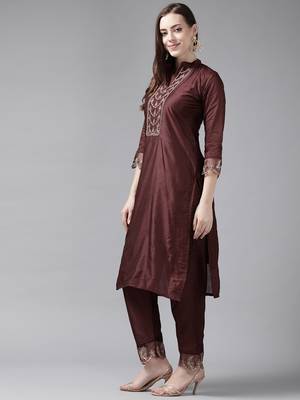 Indo Era Wine Blue Embroidered Straight Kurta Trouser With Dupatta Set 3