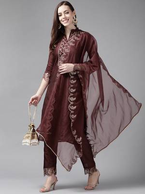 Indo Era Wine Blue Embroidered Straight Kurta Trouser With Dupatta Set 4
