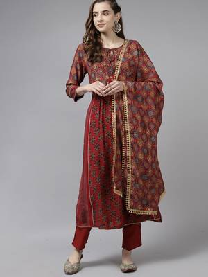 Indo Era Maroon Foil Printed A-line Kurta Trouser With Dupatta Set 1