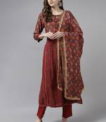 Indo Era Maroon Foil Printed A-line Kurta Trouser With Dupatta Set