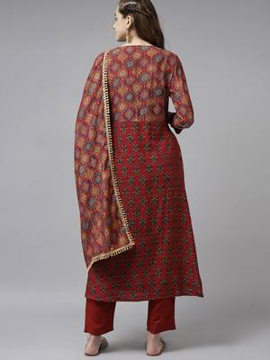 Indo Era Maroon Foil Printed A-line Kurta Trouser With Dupatta Set 2
