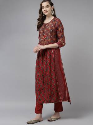 Indo Era Maroon Foil Printed A-line Kurta Trouser With Dupatta Set 3