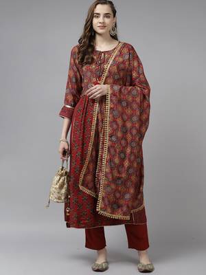 Indo Era Maroon Foil Printed A-line Kurta Trouser With Dupatta Set 4
