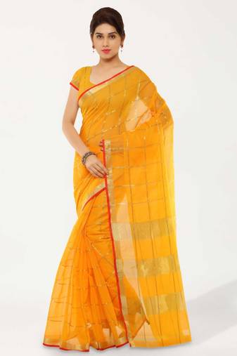 Yellow Printed Cotton Silk Saree With Blouse